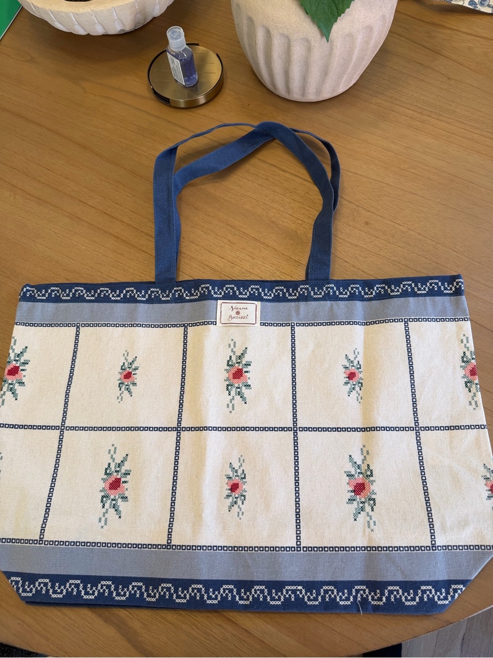 Sézane and Baziszt Blue Floral Print Canvas Tote Bag